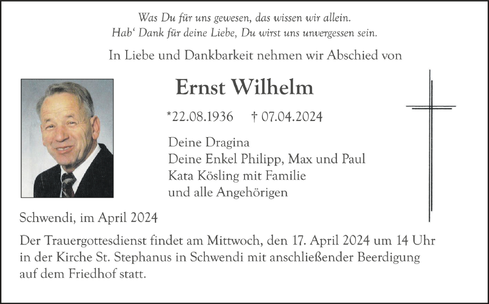  Traueranzeige für Ernst Wilhelm vom 13.04.2024 aus Schwäbische Zeitung