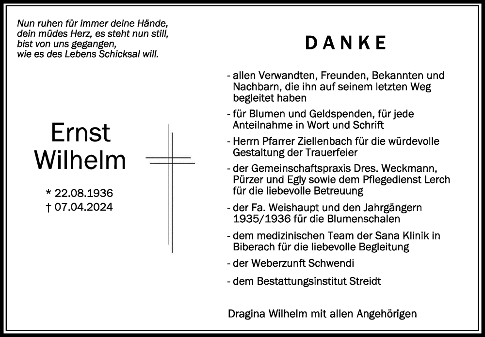  Traueranzeige für Ernst Wilhelm vom 20.04.2024 aus Schwäbische Zeitung