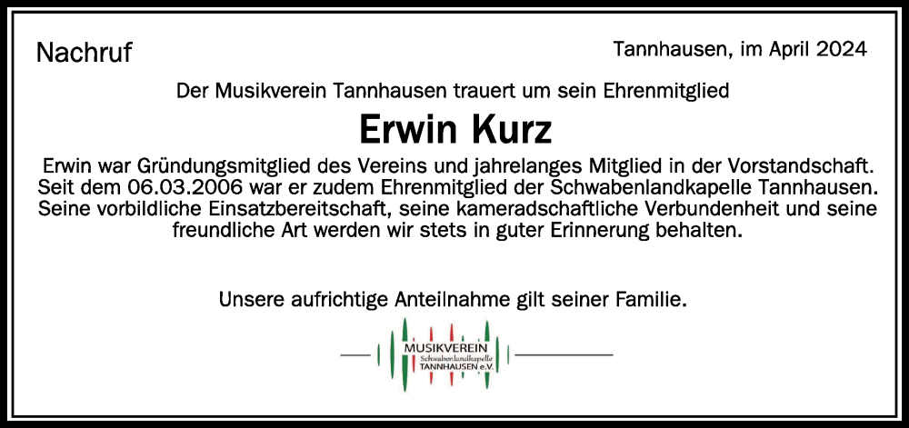  Traueranzeige für Erwin Kurz vom 26.04.2024 aus Schwäbische Zeitung