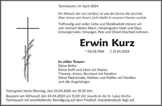 Anzeige von Erwin Kurz von Schwäbische Zeitung