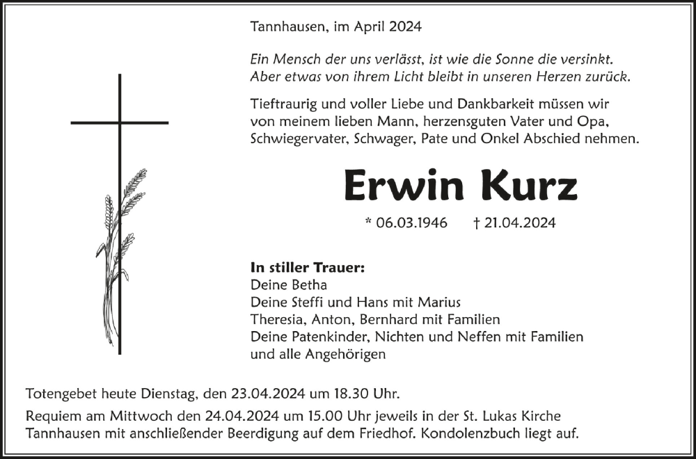  Traueranzeige für Erwin Kurz vom 23.04.2024 aus Schwäbische Zeitung