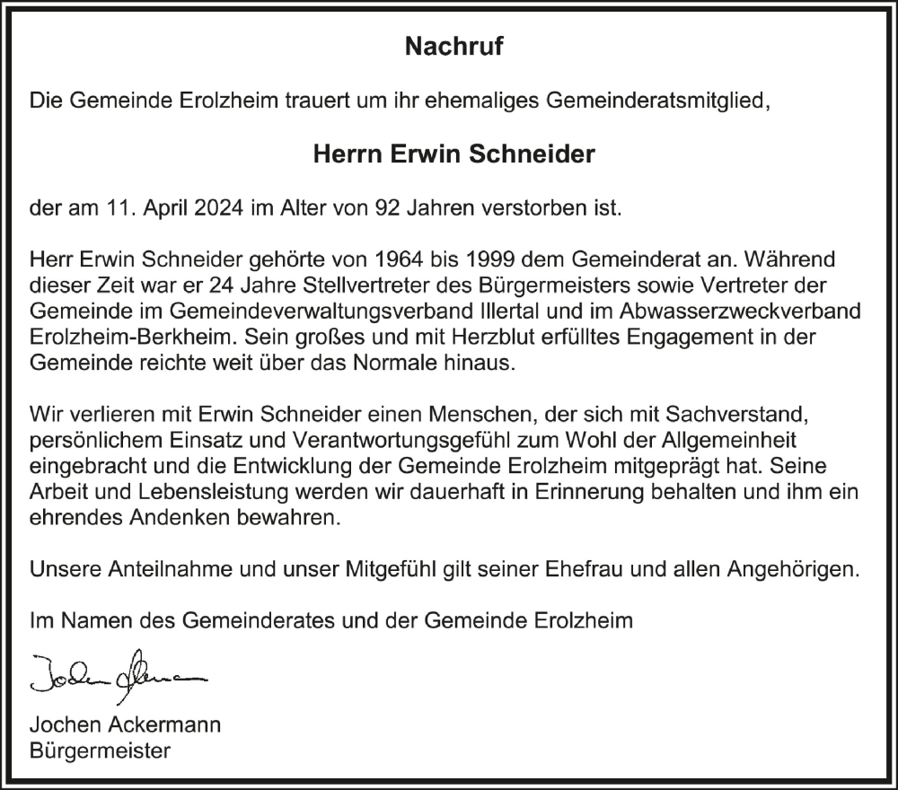  Traueranzeige für Erwin Schneider vom 20.04.2024 aus Schwäbische Zeitung