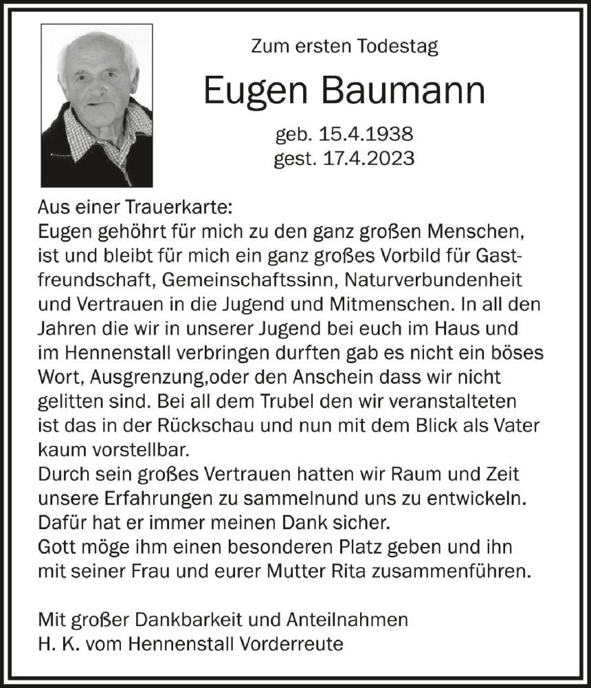  Traueranzeige für Eugen Baumann vom 17.04.2024 aus Schwäbische Zeitung