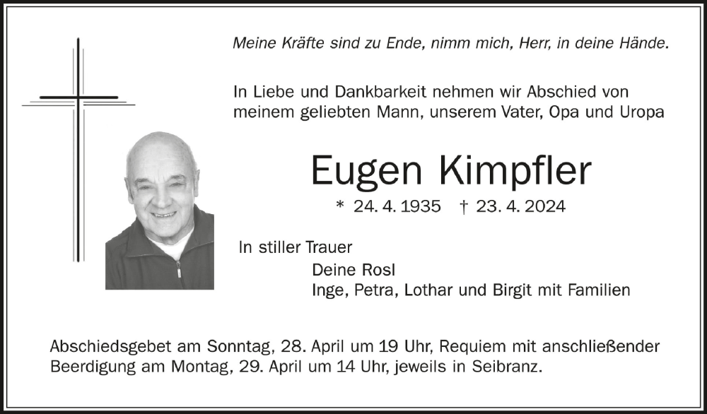  Traueranzeige für Eugen Kimpfler vom 27.04.2024 aus Schwäbische Zeitung