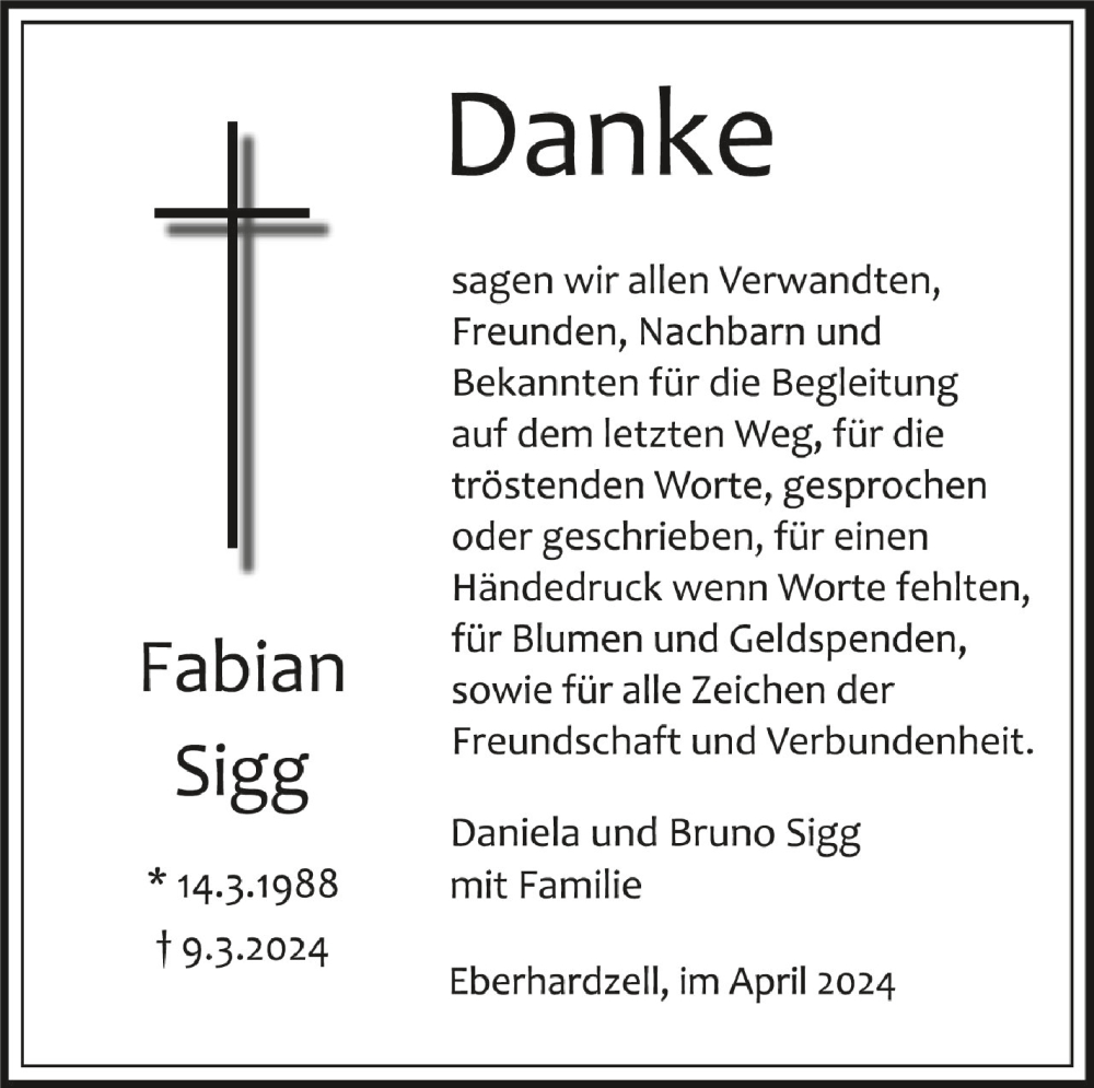  Traueranzeige für Fabian Sigg vom 06.04.2024 aus Schwäbische Zeitung