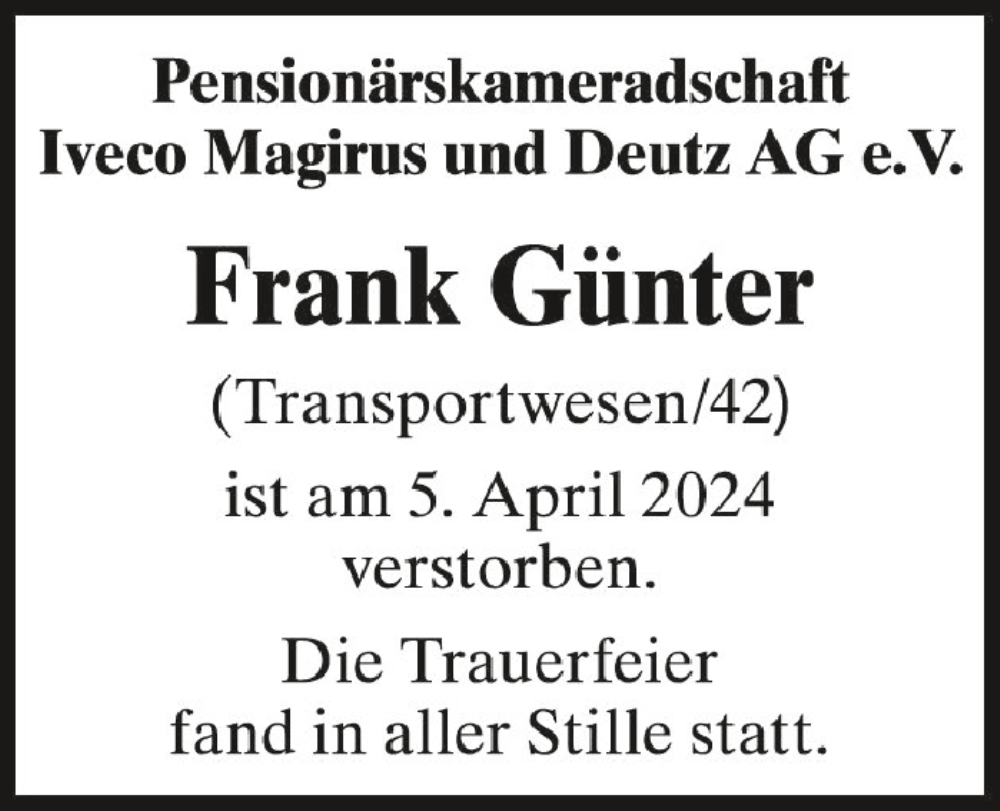  Traueranzeige für Frank Günter vom 17.04.2024 aus Schwäbische Zeitung