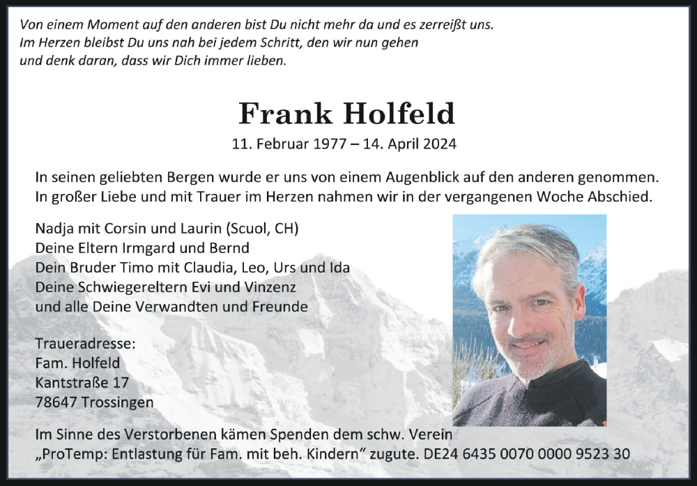  Traueranzeige für Frank Holfeld vom 22.04.2024 aus Schwäbische Zeitung