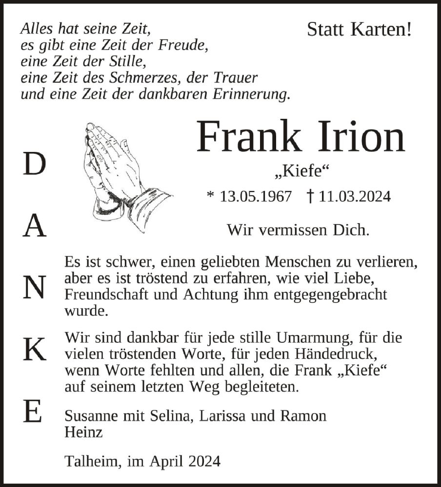 Traueranzeige für Frank Irion vom 13.04.2024 aus Schwäbische Zeitung