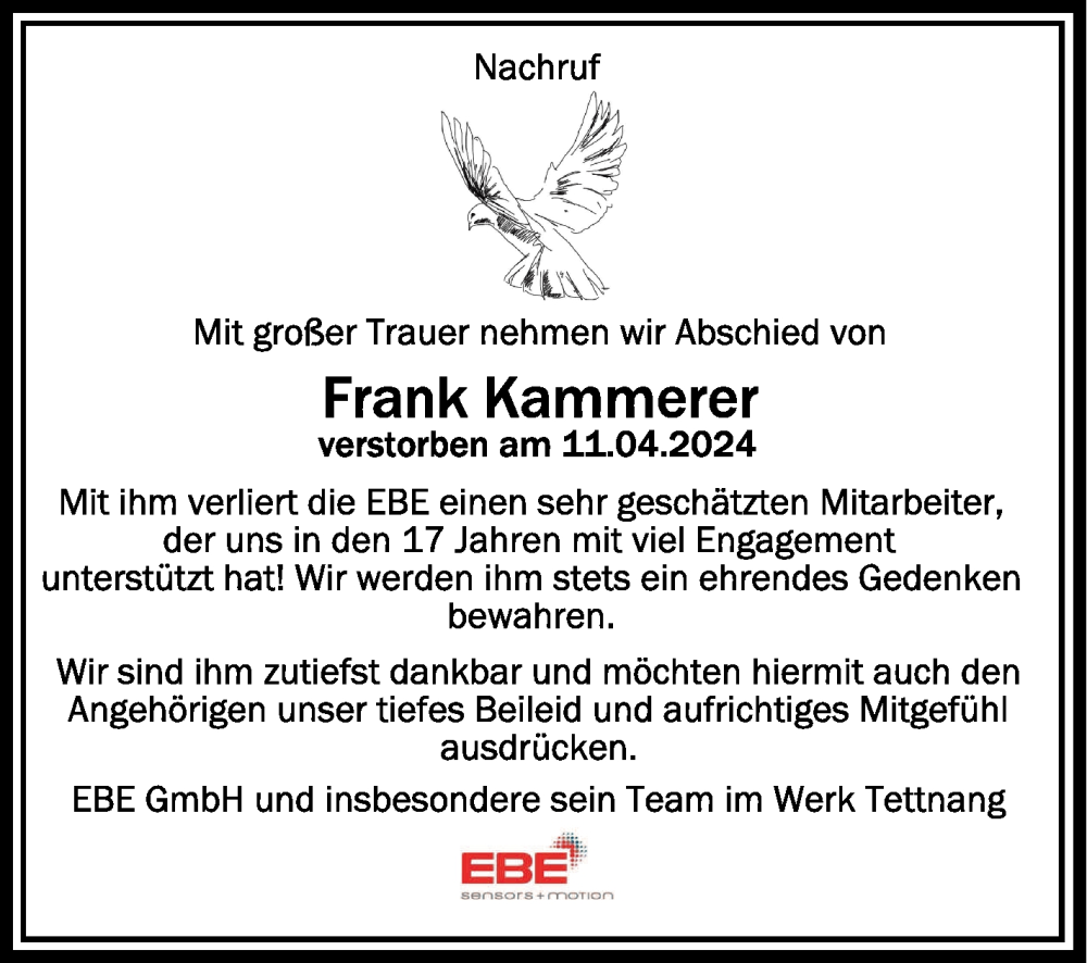  Traueranzeige für Frank Kammerer vom 17.04.2024 aus Schwäbische Zeitung