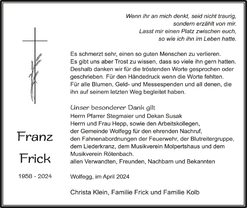  Traueranzeige für Franz Frick vom 27.04.2024 aus Schwäbische Zeitung