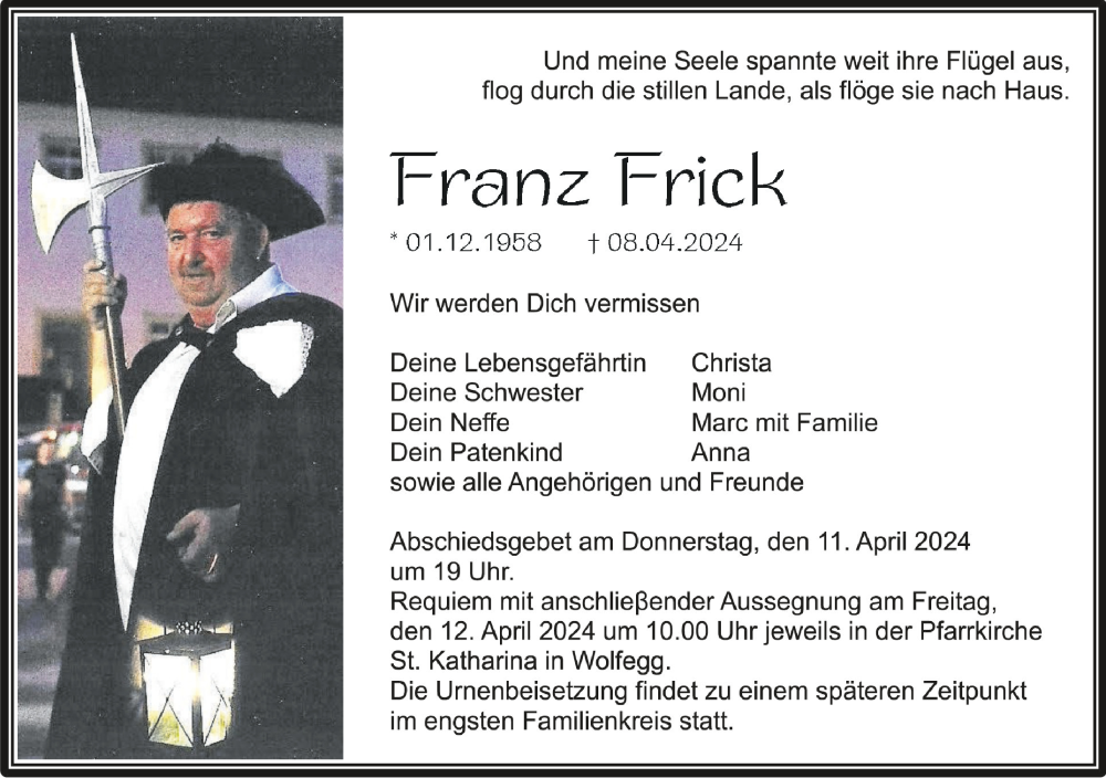  Traueranzeige für Franz Frick vom 10.04.2024 aus Schwäbische Zeitung