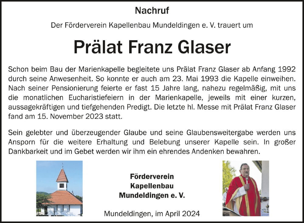  Traueranzeige für Franz Glaser vom 11.04.2024 aus Schwäbische Zeitung