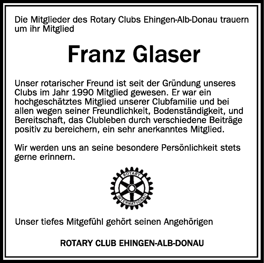  Traueranzeige für Franz Glaser vom 02.04.2024 aus Schwäbische Zeitung