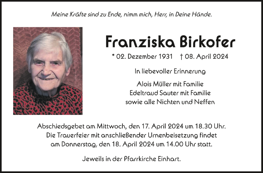  Traueranzeige für Franziska Birkofer vom 13.04.2024 aus Schwäbische Zeitung