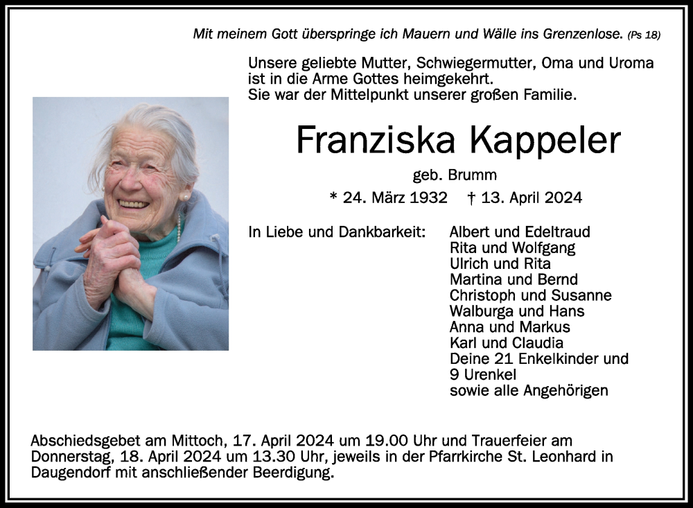  Traueranzeige für Franziska Kappeler vom 16.04.2024 aus Schwäbische Zeitung