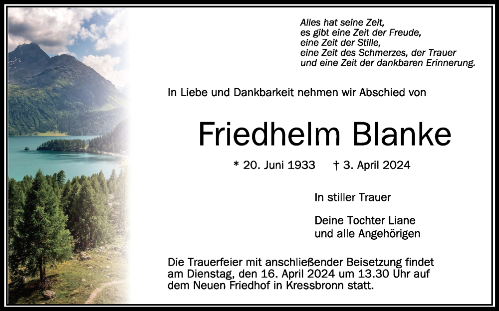  Traueranzeige für Friedhelm Blanke vom 12.04.2024 aus Schwäbische Zeitung