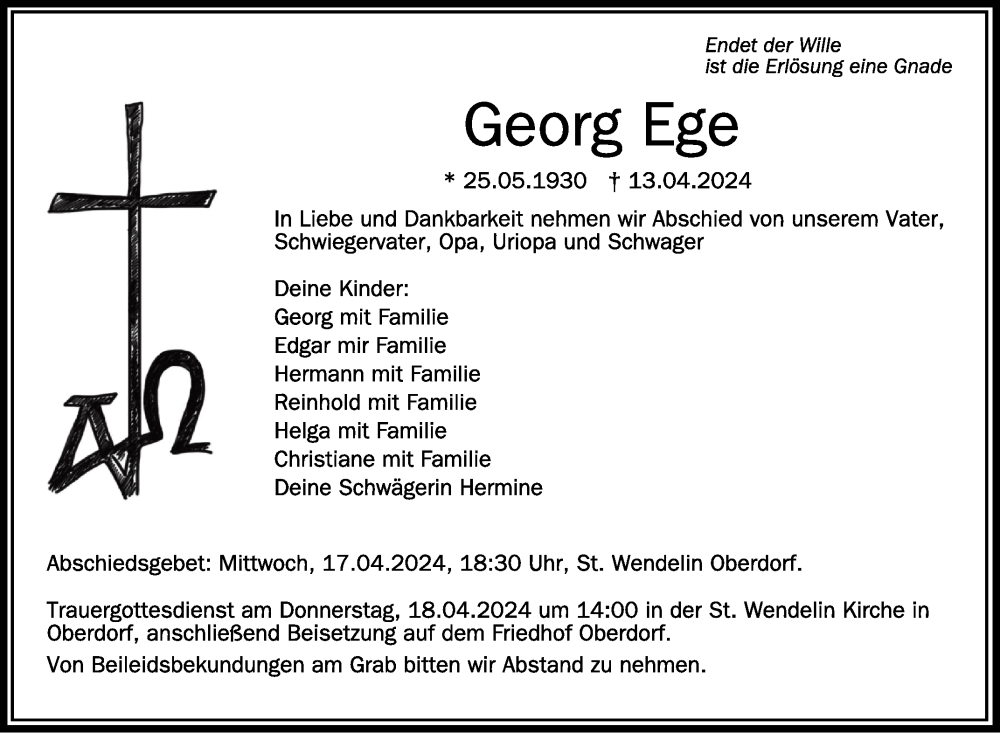  Traueranzeige für Georg Ege vom 16.04.2024 aus Schwäbische Zeitung