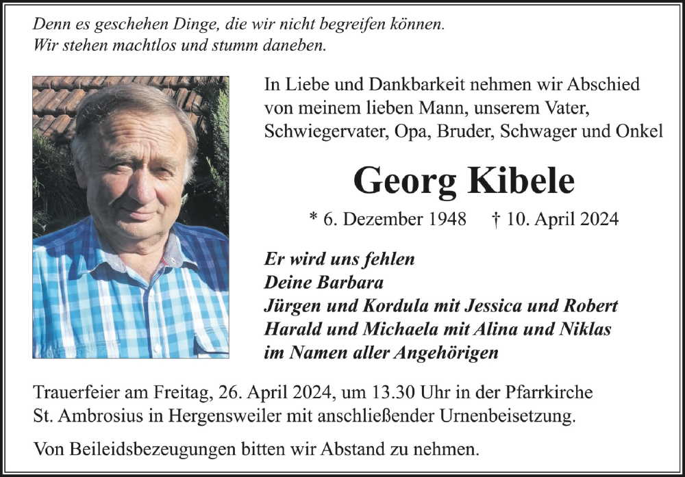  Traueranzeige für Georg Kibele vom 20.04.2024 aus Schwäbische Zeitung