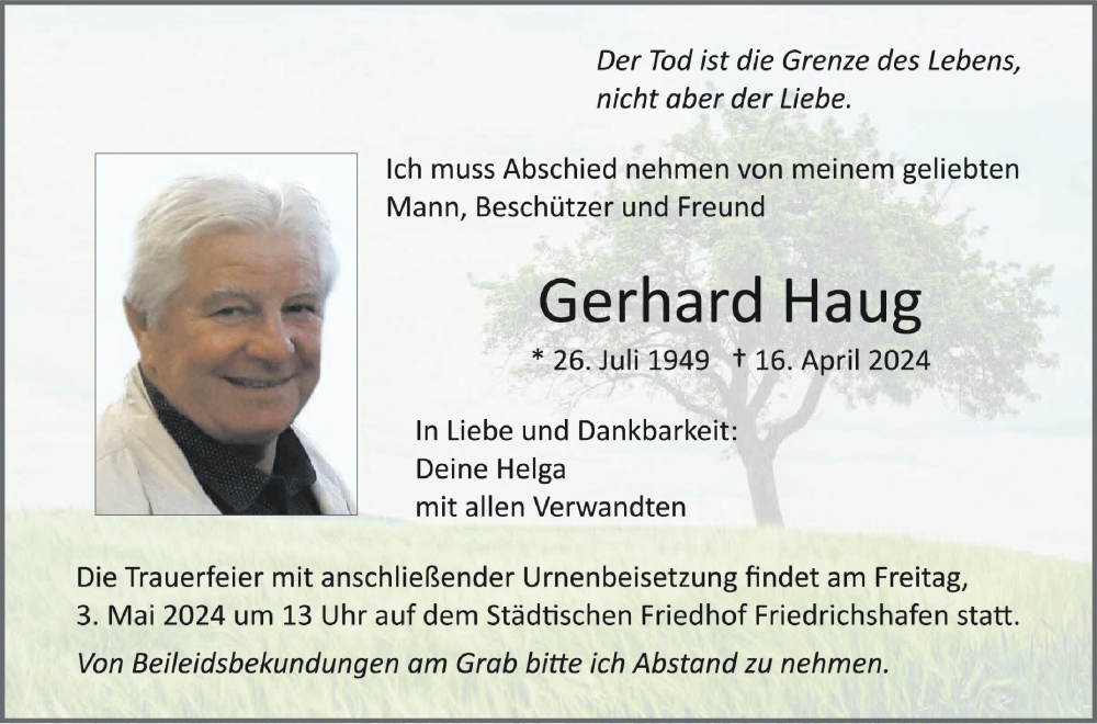  Traueranzeige für Gerhard Haug vom 27.04.2024 aus Schwäbische Zeitung