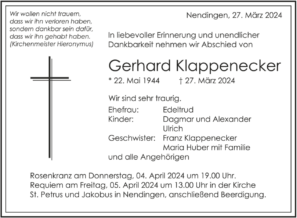  Traueranzeige für Gerhard Klappenecker vom 03.04.2024 aus Schwäbische Zeitung