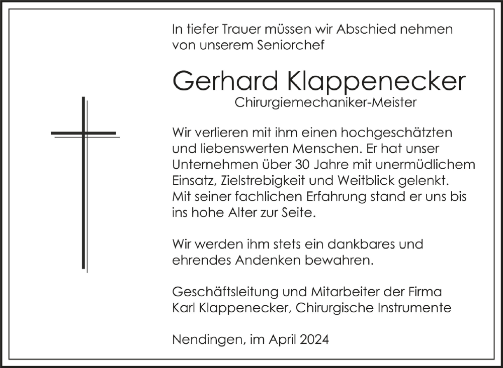  Traueranzeige für Gerhard Klappenecker vom 04.04.2024 aus Schwäbische Zeitung