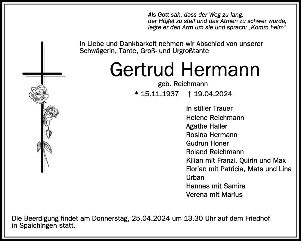  Traueranzeige für Gertrud Hermann vom 23.04.2024 aus Schwäbische Zeitung