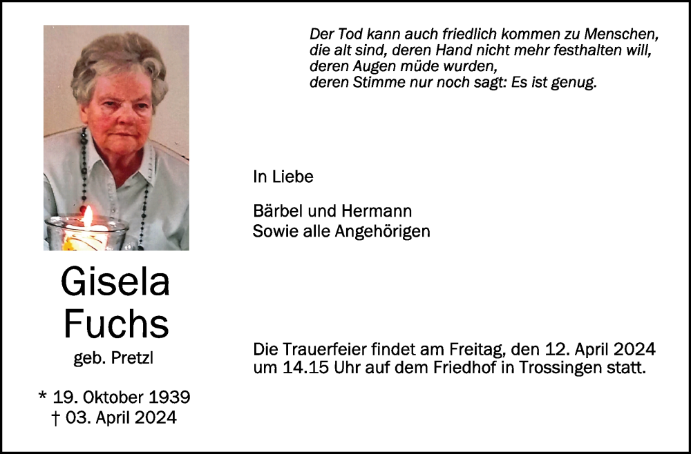  Traueranzeige für Gisela Fuchs vom 06.04.2024 aus Schwäbische Zeitung