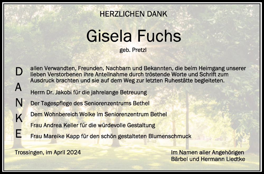  Traueranzeige für Gisela Fuchs vom 20.04.2024 aus Schwäbische Zeitung