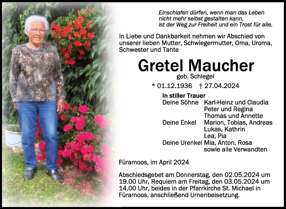  Traueranzeige für Gretel Maucher vom 30.04.2024 aus Schwäbische Zeitung