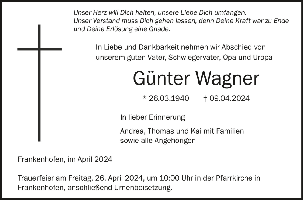  Traueranzeige für Günter Wagner vom 22.04.2024 aus Schwäbische Zeitung