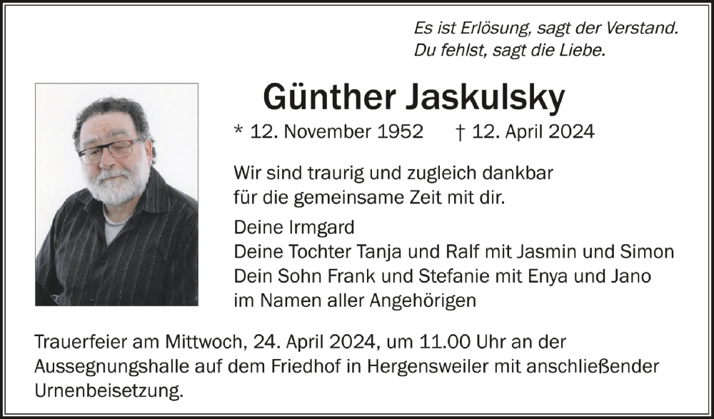  Traueranzeige für Günther Jaskulsky vom 20.04.2024 aus Schwäbische Zeitung