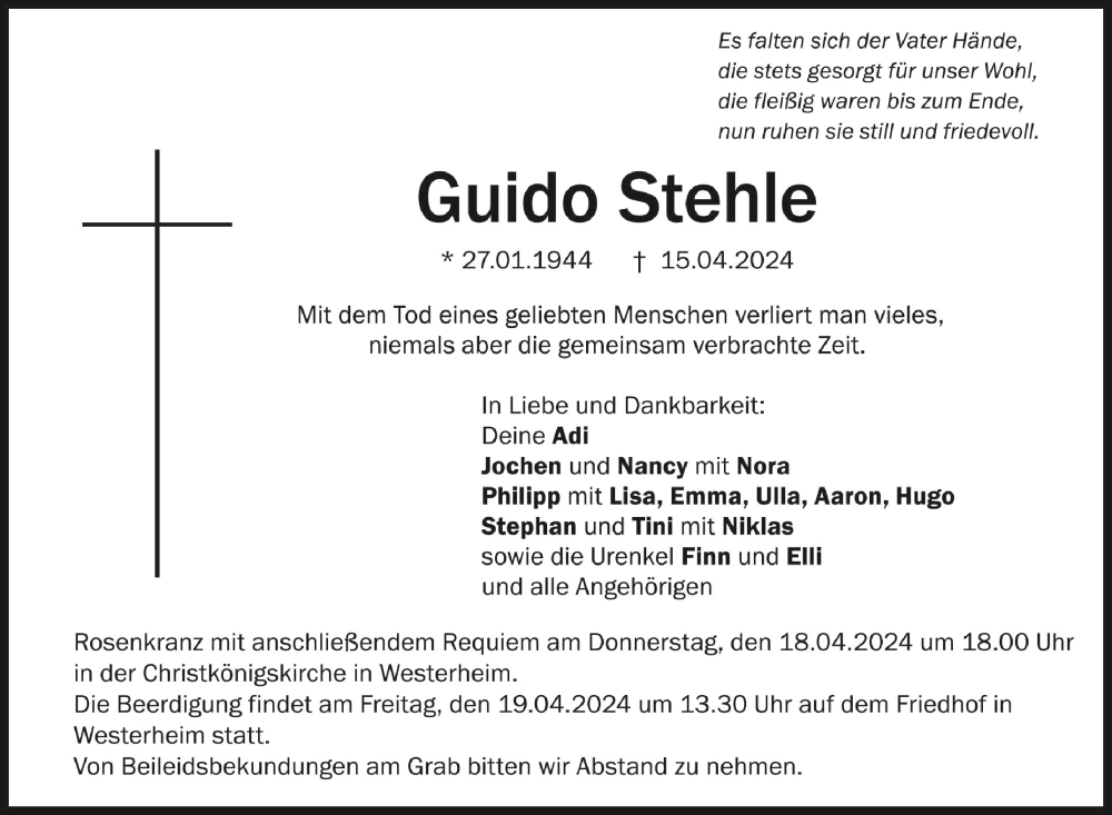  Traueranzeige für Guido Stehle vom 17.04.2024 aus Schwäbische Zeitung