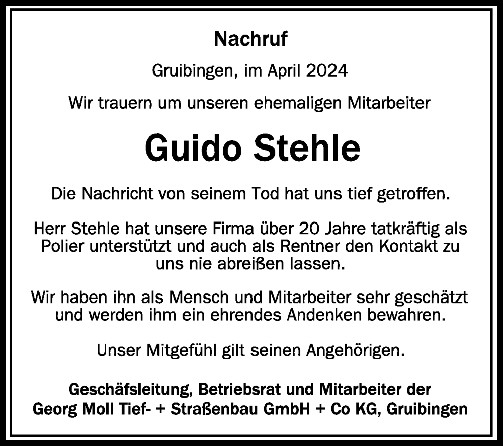  Traueranzeige für Guido Stehle vom 24.04.2024 aus Schwäbische Zeitung