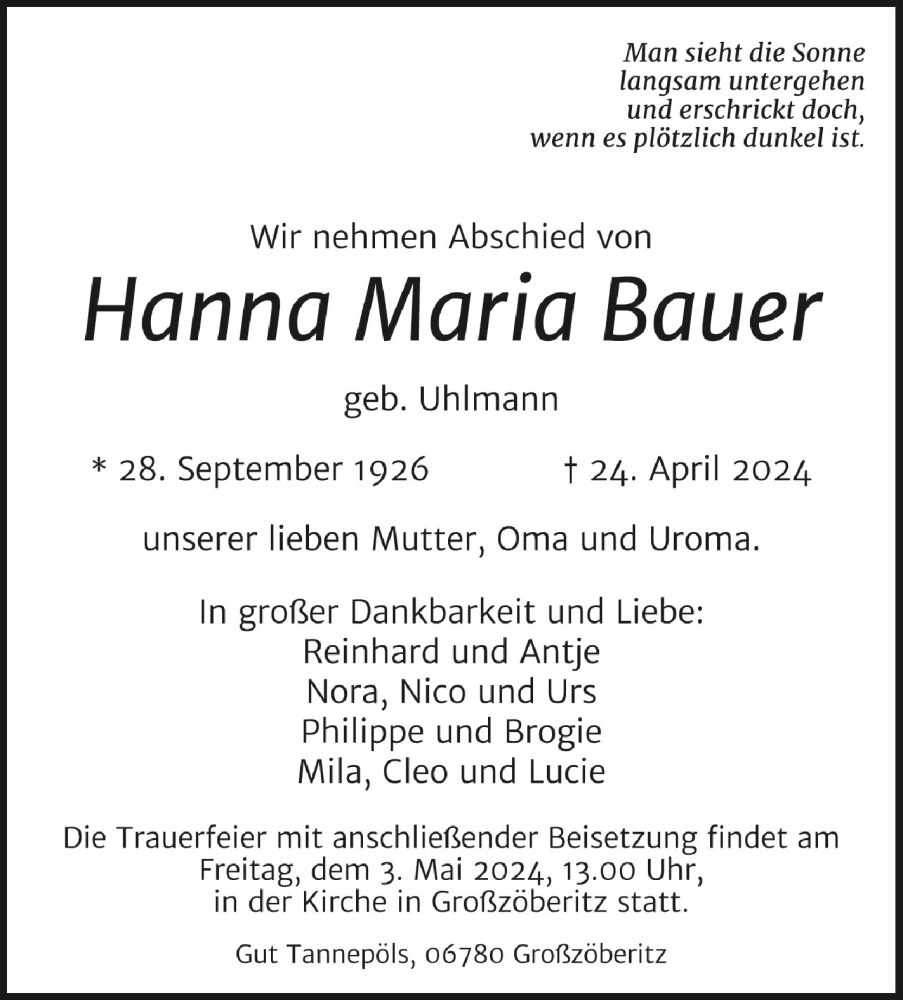  Traueranzeige für Hanna Maria Bauer vom 27.04.2024 aus Schwäbische Zeitung