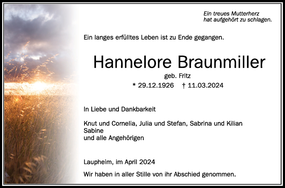  Traueranzeige für Hannelore Braunmiller vom 13.04.2024 aus Schwäbische Zeitung