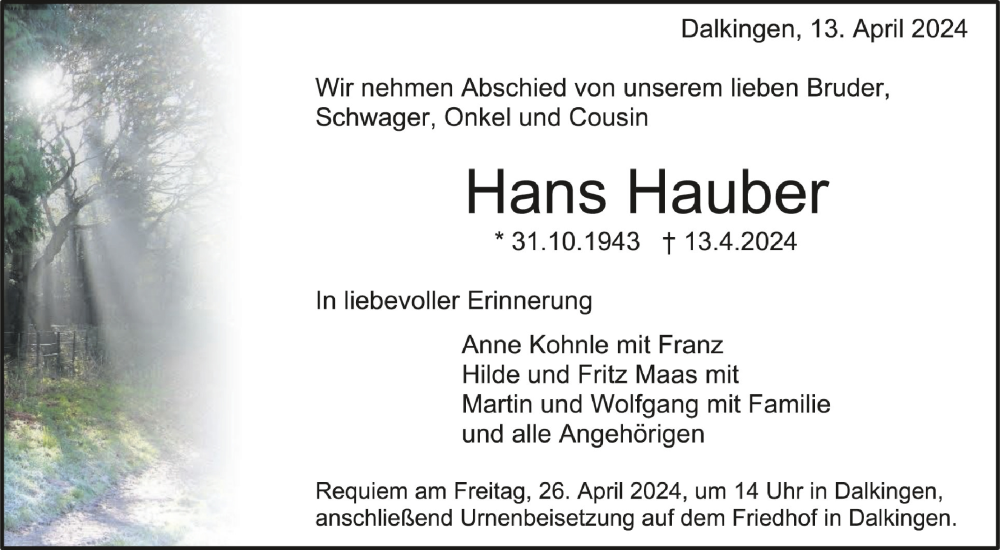  Traueranzeige für Hans Hauber vom 23.04.2024 aus Schwäbische Zeitung