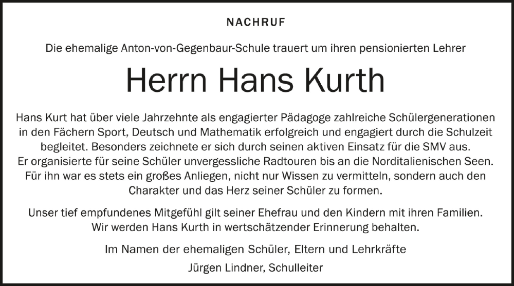  Traueranzeige für Hans Kurth vom 10.04.2024 aus Schwäbische Zeitung