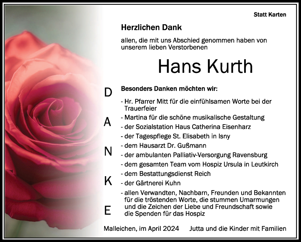  Traueranzeige für Hans Kurth vom 27.04.2024 aus Schwäbische Zeitung