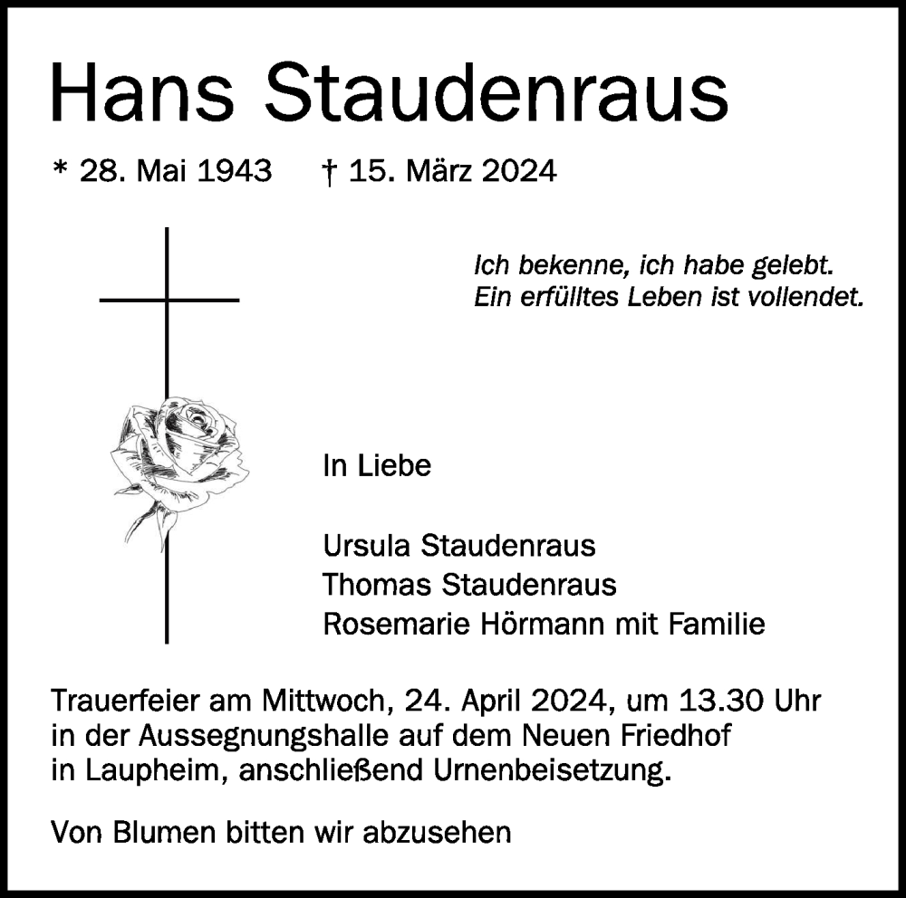  Traueranzeige für Hans Staudenraus vom 20.04.2024 aus Schwäbische Zeitung