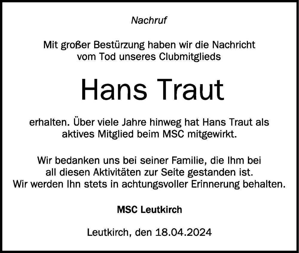  Traueranzeige für Hans Traut vom 18.04.2024 aus Schwäbische Zeitung
