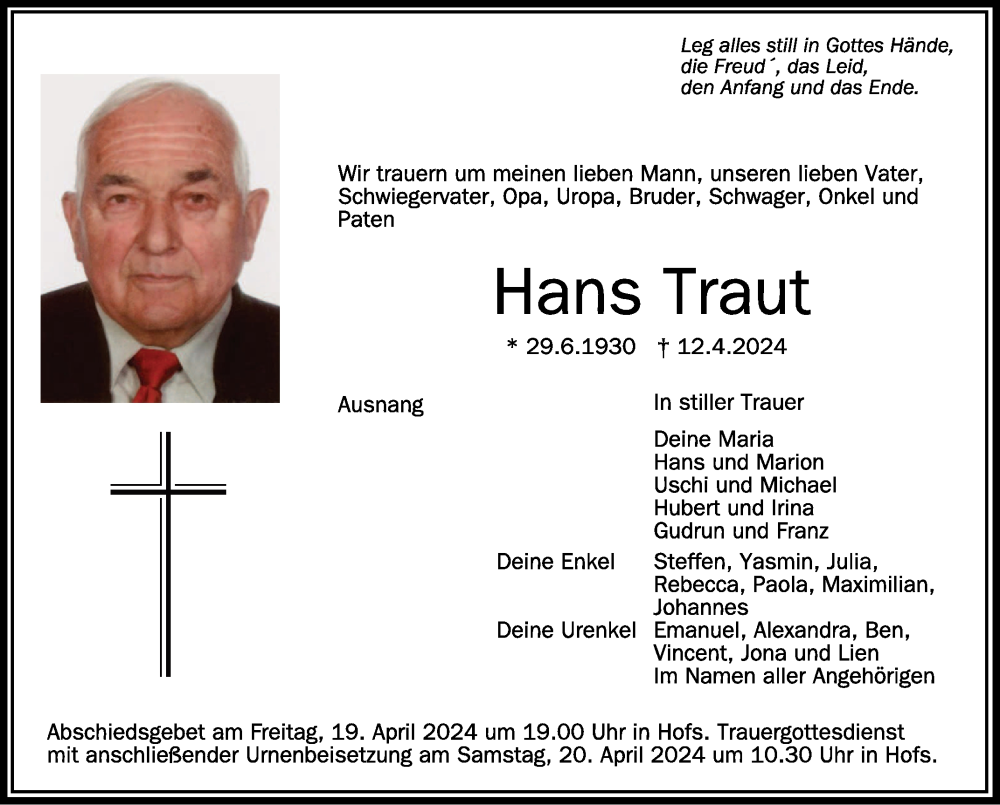  Traueranzeige für Hans Traut vom 16.04.2024 aus Schwäbische Zeitung