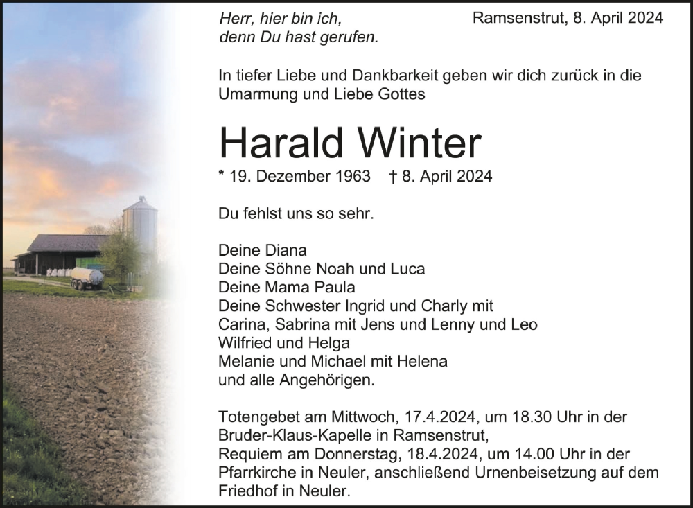  Traueranzeige für Harald Winter vom 16.04.2024 aus Schwäbische Zeitung