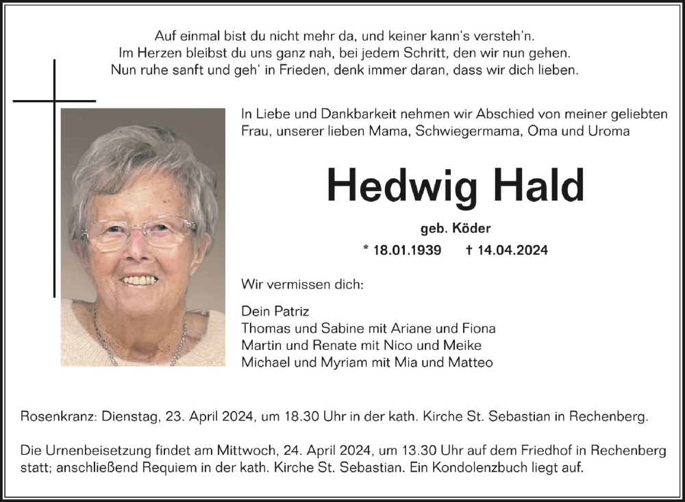  Traueranzeige für Hedwig Hald vom 20.04.2024 aus Schwäbische Zeitung