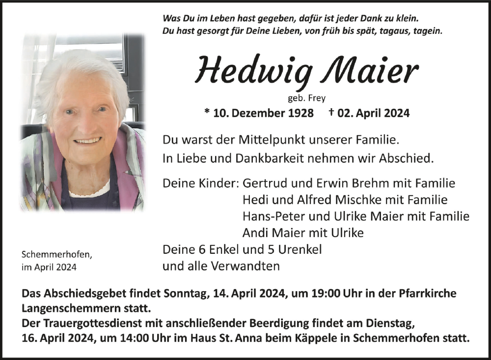  Traueranzeige für Hedwig Maier vom 13.04.2024 aus Schwäbische Zeitung