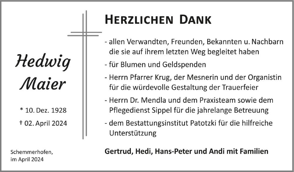  Traueranzeige für Hedwig Maier vom 27.04.2024 aus Schwäbische Zeitung