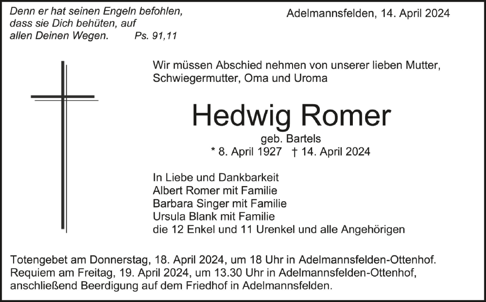  Traueranzeige für Hedwig Romer vom 17.04.2024 aus Schwäbische Zeitung