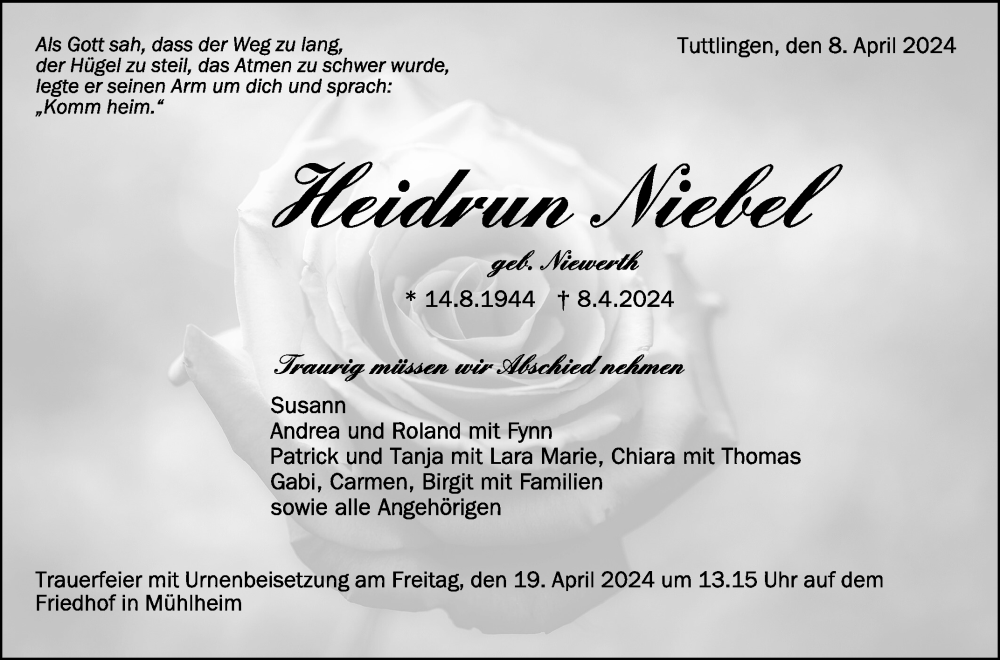  Traueranzeige für Heidrun Niebel vom 16.04.2024 aus Schwäbische Zeitung