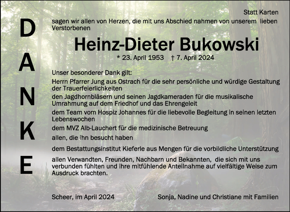  Traueranzeige für Heinz-Dieter Bukowski vom 24.04.2024 aus Schwäbische Zeitung