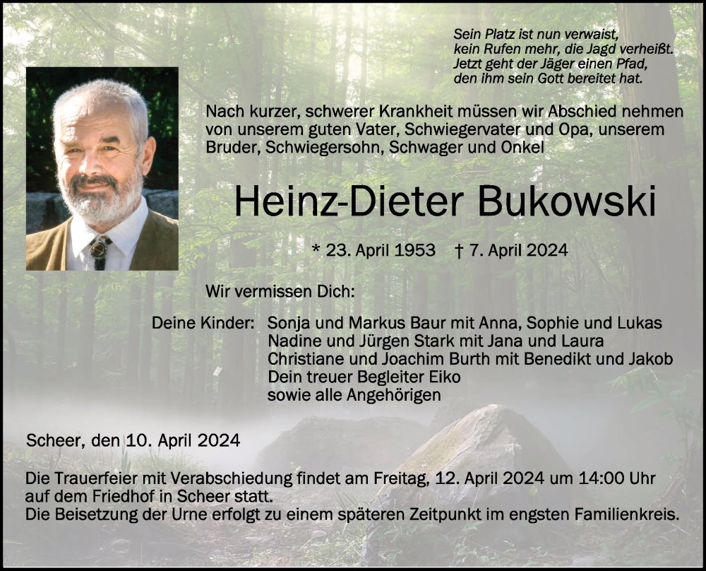  Traueranzeige für Heinz-Dieter Bukowski vom 10.04.2024 aus Schwäbische Zeitung