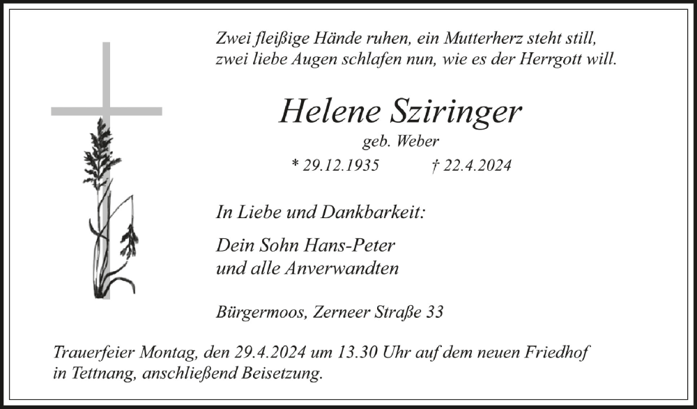  Traueranzeige für Helene Sziringer vom 25.04.2024 aus Schwäbische Zeitung